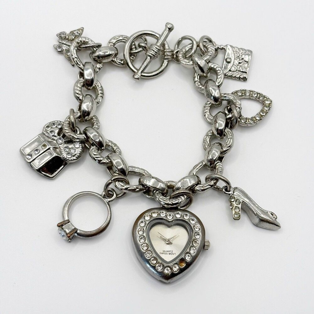 Charm Bracelet Silver Tone Chain Heart Watch Rhinestone Shoe Ring Gift 6.75”